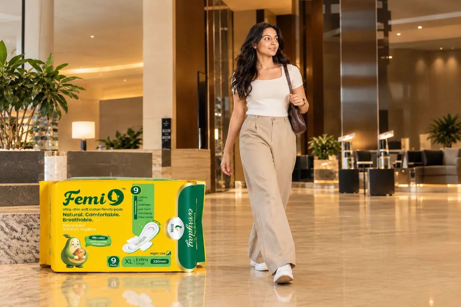 A woman walking through a hotel lobby past a Femi9 Extra Large pack.
