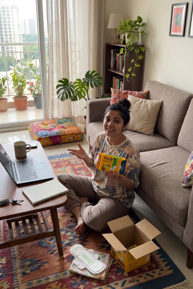 Woman unboxing her Femi9 290mm pad order on the living room floor